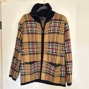 Tally Ho Plaid Cardigan in Black, Red, and Tan
